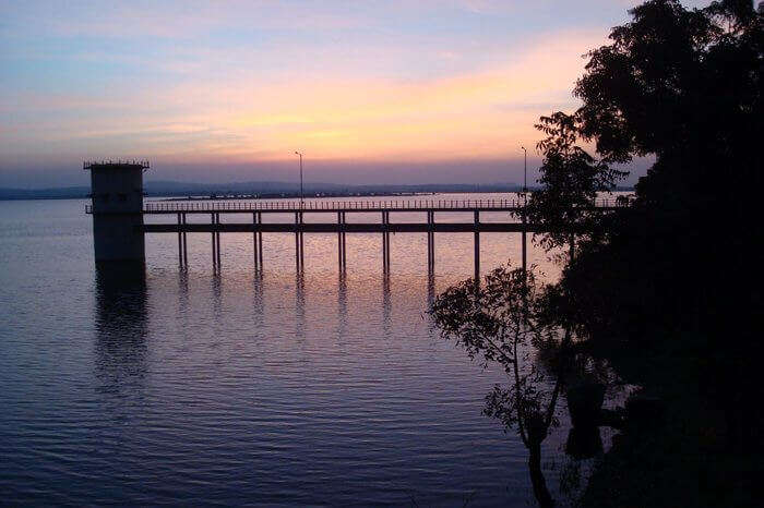 Sunset behind the bridge in Ramappa Lake