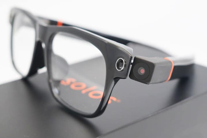 A promotional image of the camera on the Solos AirGo Vision smart glasses.