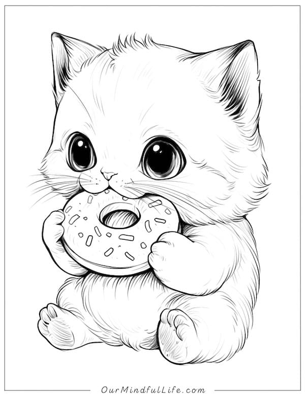 Baby cat eating a donut coloring page