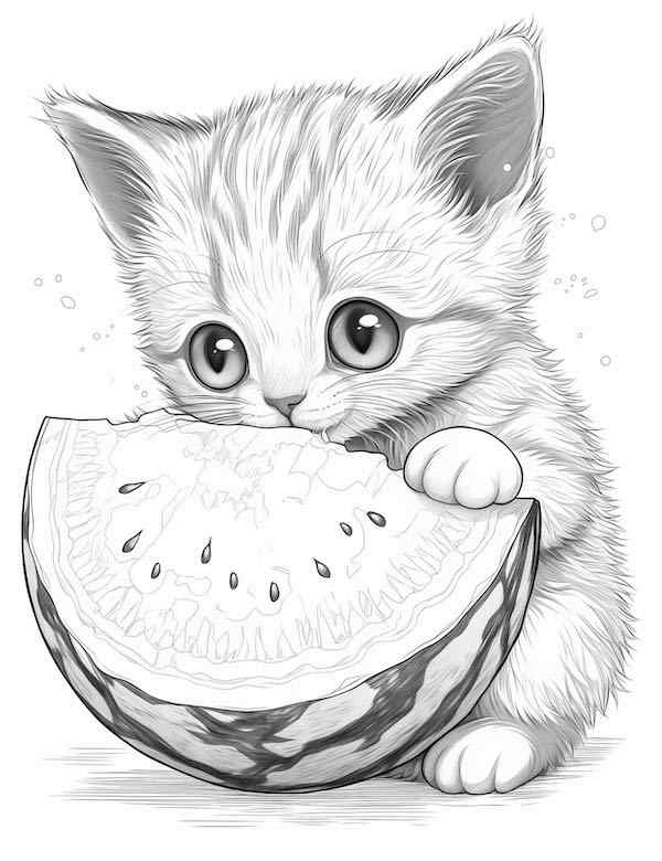 Baby cat eating a watermelon