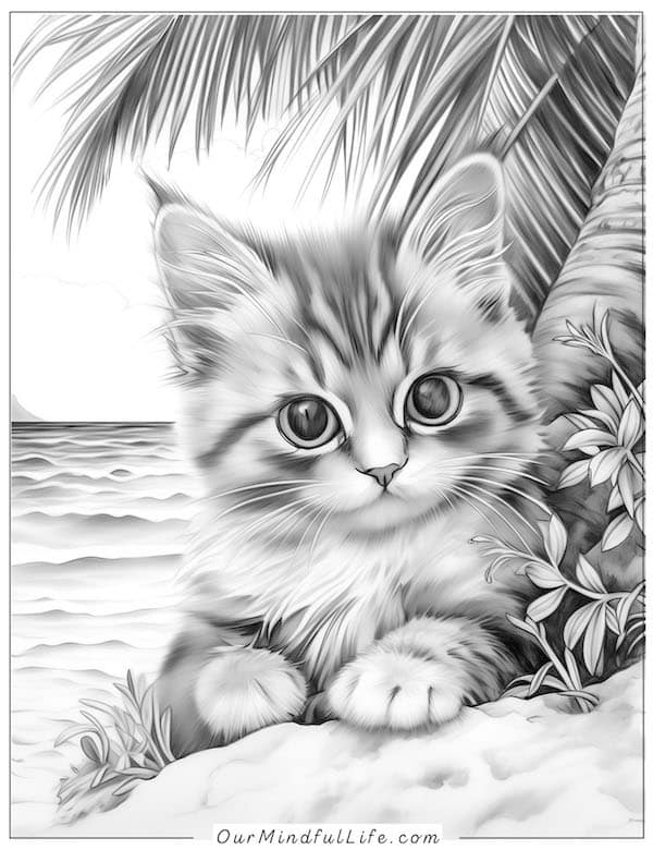 Baby cat on the beach coloring page