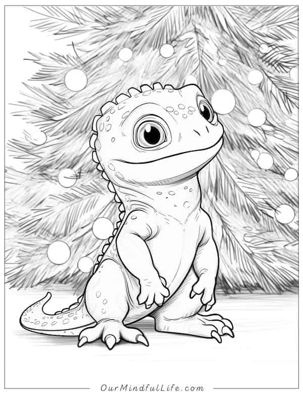 Baby lizard in front of Christmas tree