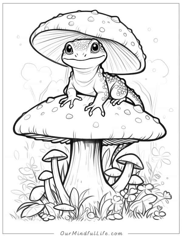 Baby lizard on a mushroom coloring page