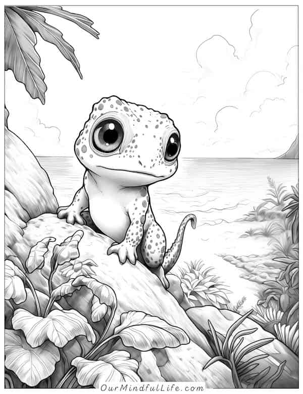 Baby lizard on the beach coloring page