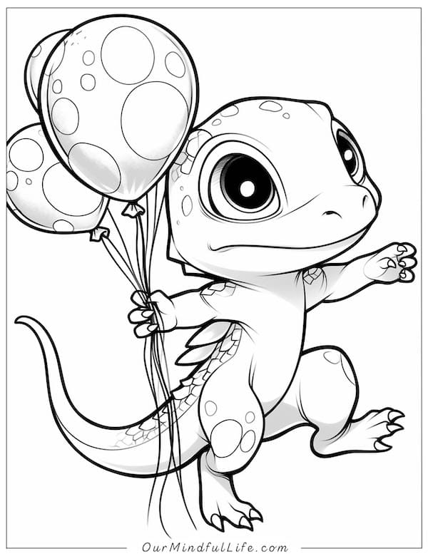 Baby lizard with balloons coloring page