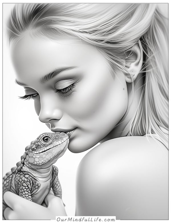 Beautiful girl with her pet lizard coloring page