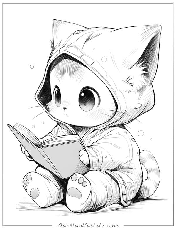 Bed time story cat coloring page