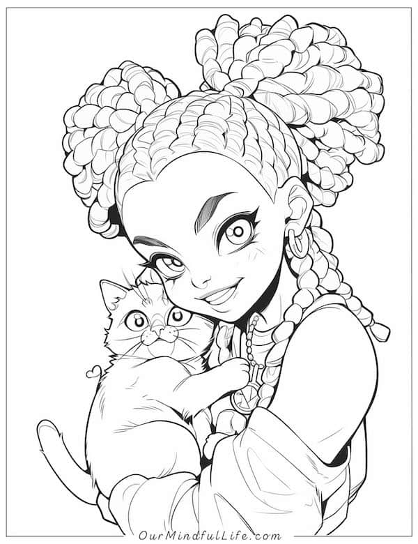 Black girl with cat coloring page