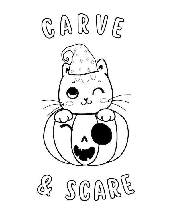 Carve and scare Halloween cat coloring pages for kids