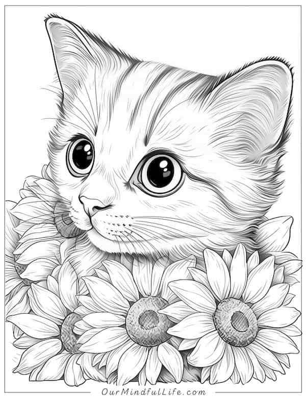 Cat among sunflowers