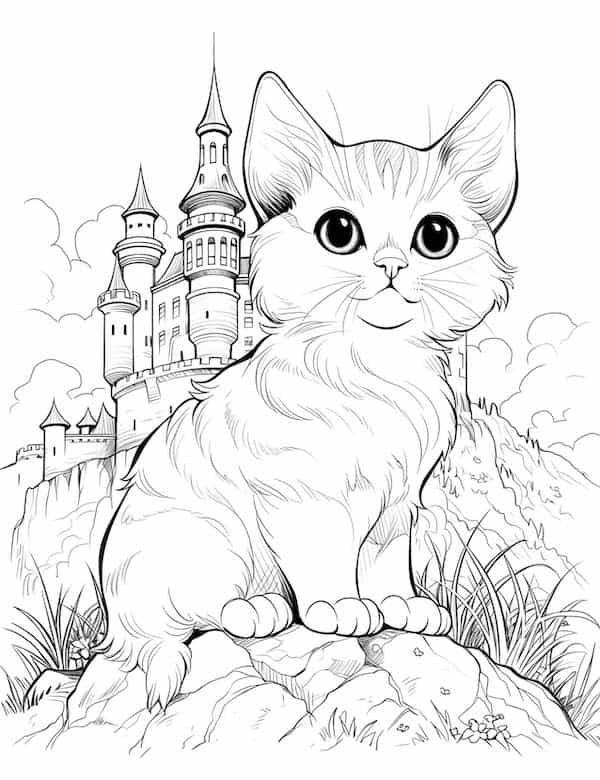 Cat and castle coloring page