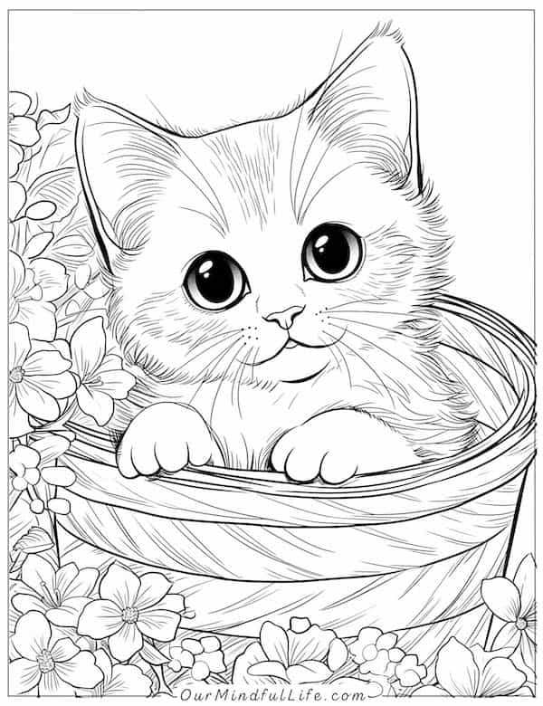 Cat in a flower basket coloring page