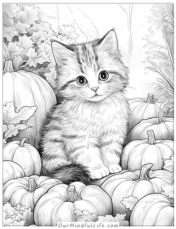 Cat on a pumpkin patch coloring page