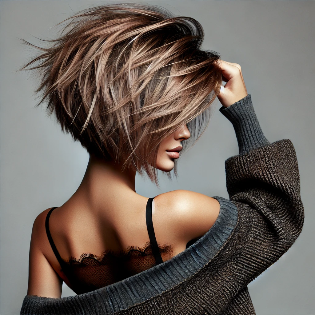 Woman with a choppy inverted bob haircut, featuring textured layers and a shorter back with longer front sections for an edgy, modern look