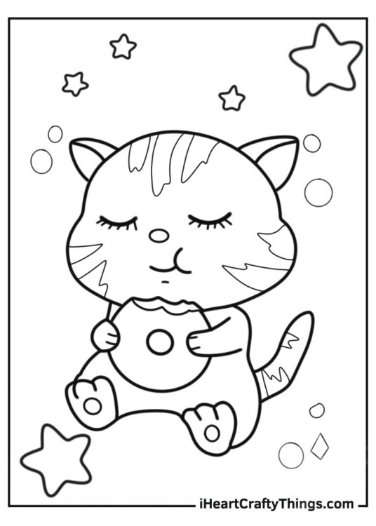 Coloring Sheet Of Cute Cat Eating Donut