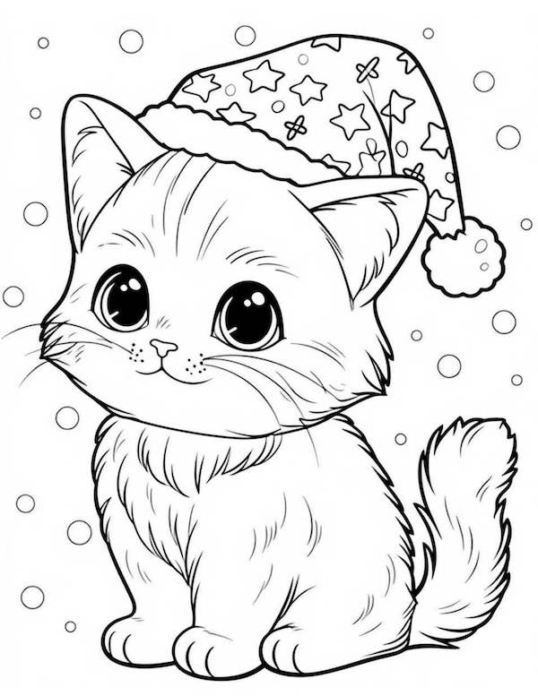 Cute Christmas cat coloring page