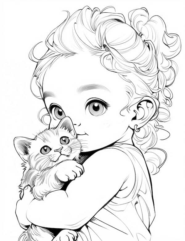 Cute baby and cat coloring page