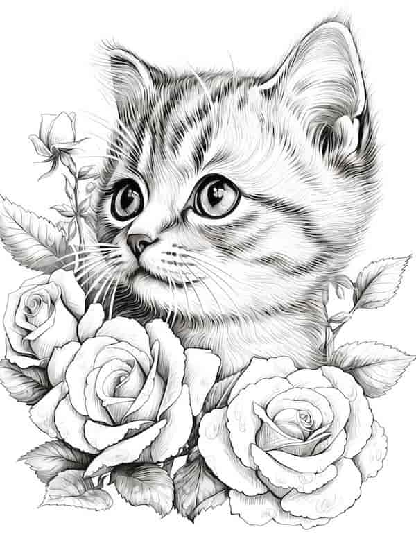 Cute baby cat and roses coloring page