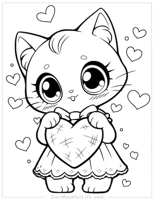 Cute cat Valentine's Day coloring page