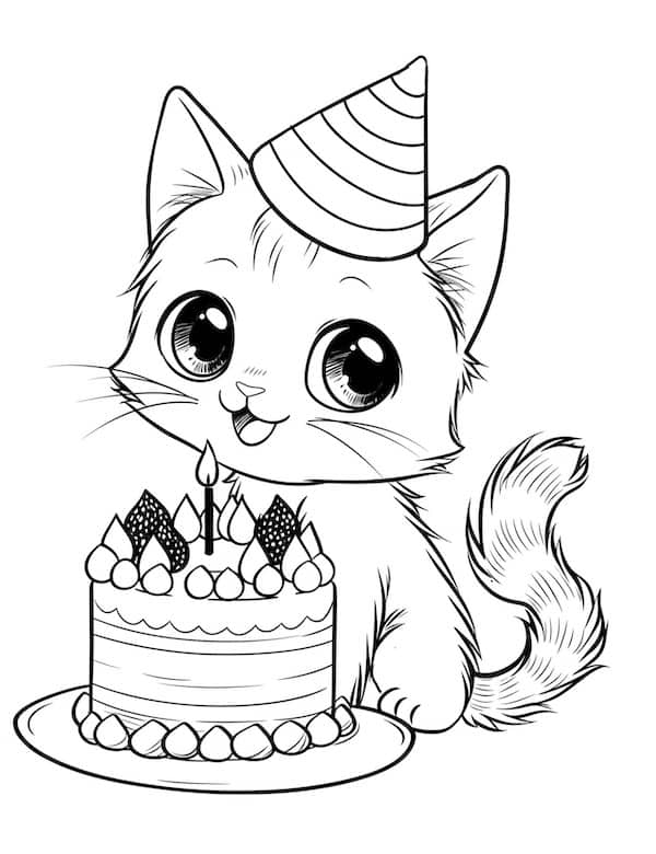 Cute cat and birthday cake coloring page