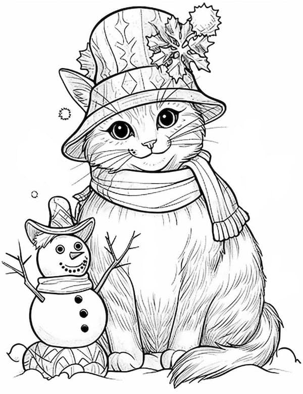 Cute cat and his little snowman coloring page