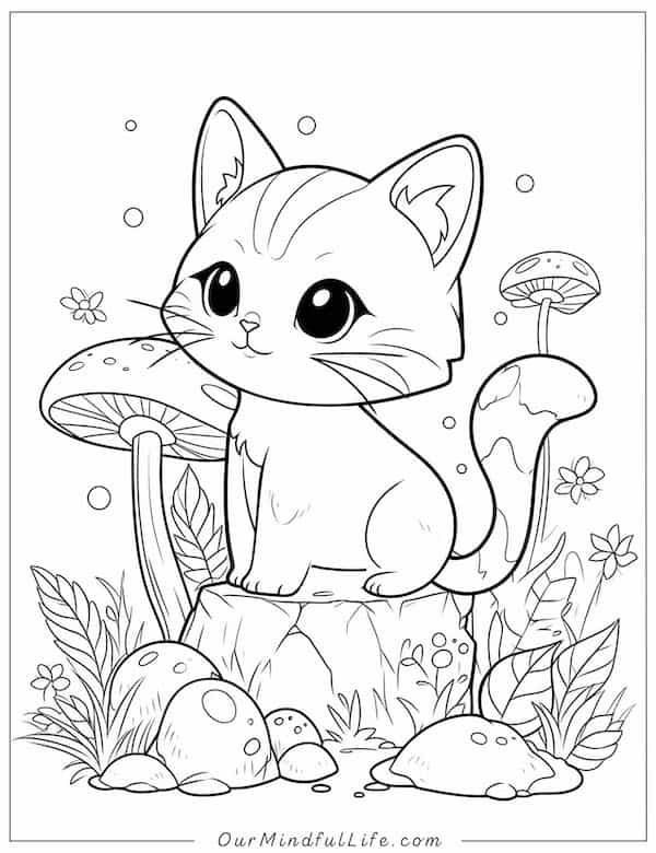 Cute cat and mushrooms coloring page