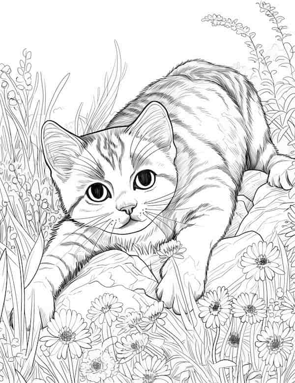 Cute cat in a wildflower field coloring page