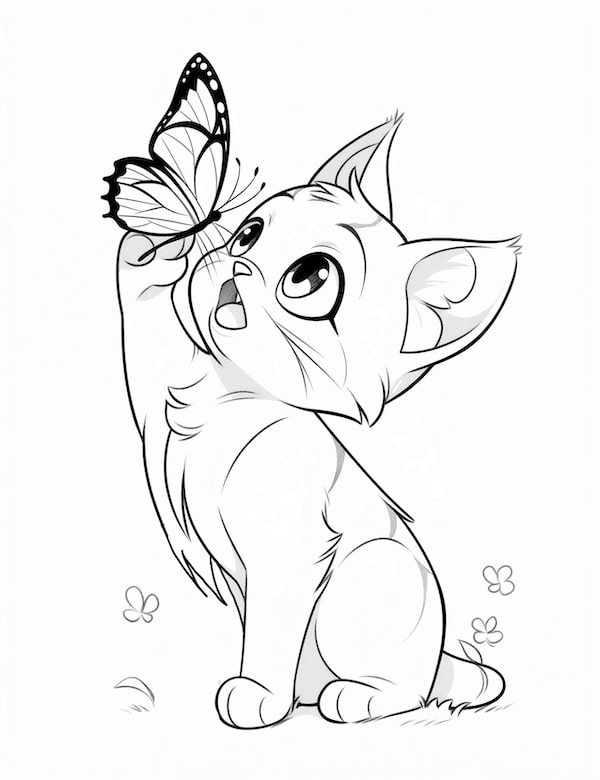 Cute cat playing with a butterfly coloring page