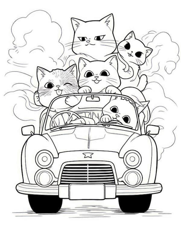 Cute cats on a car coloring page