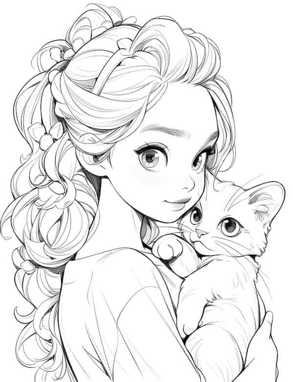 Little princess and cat coloring page