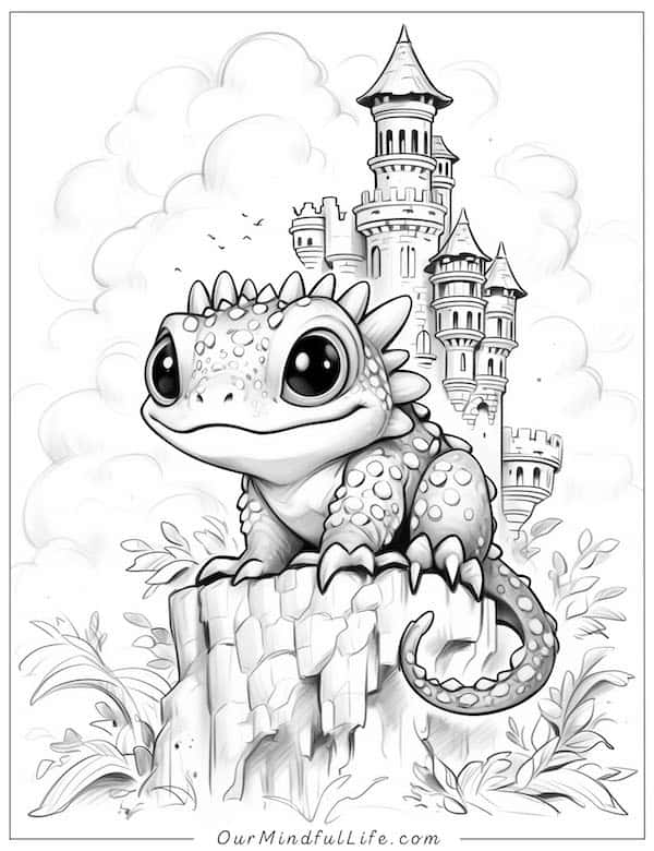 Lizard and miniature castle coloring page