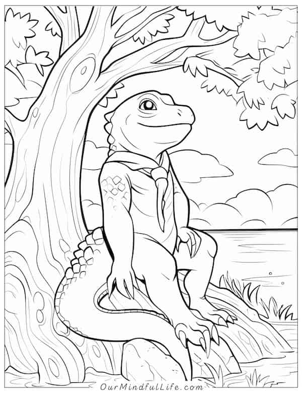 Lizard chilling by a tree coloring page