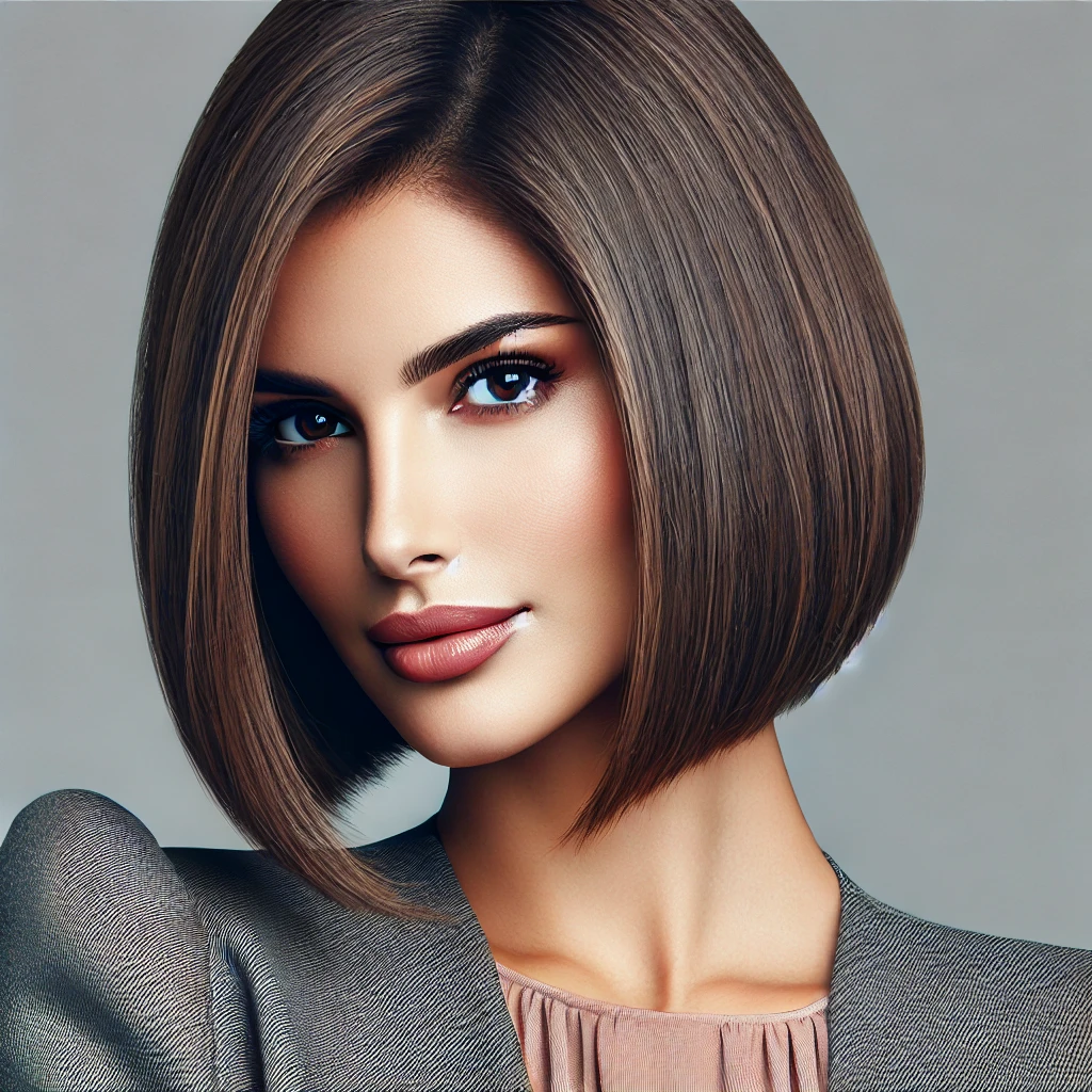 Woman with a medium inverted bob haircut, featuring front sections below the chin and a shorter back for a sleek, balanced look.