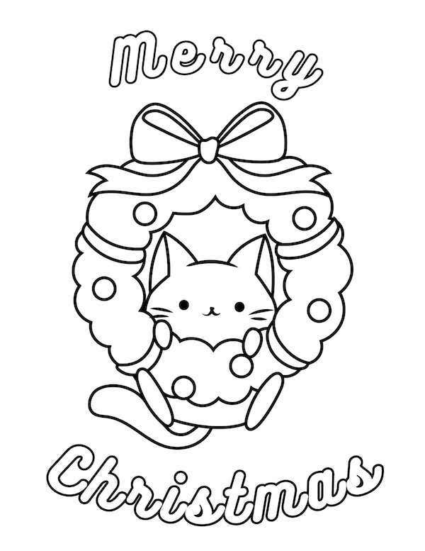 Merry Christmas cat coloring page for kids