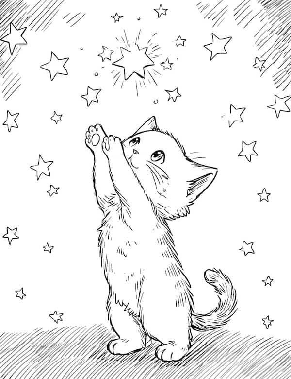 Reaching for the stars cat coloring page