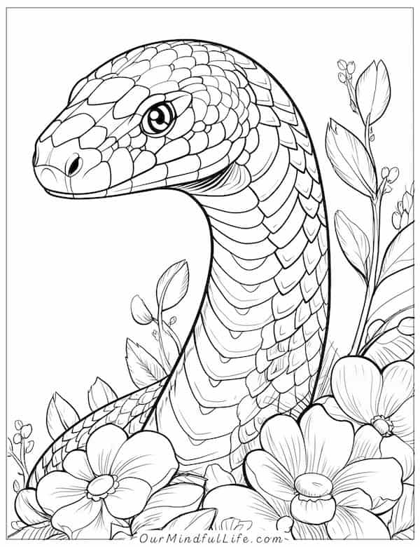 Snake among flowers coloring page