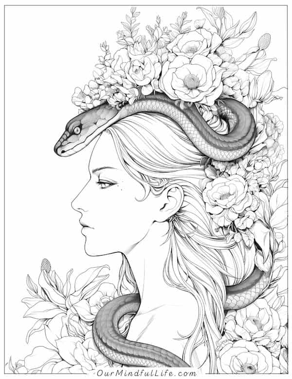 Snake and floral elf coloring page