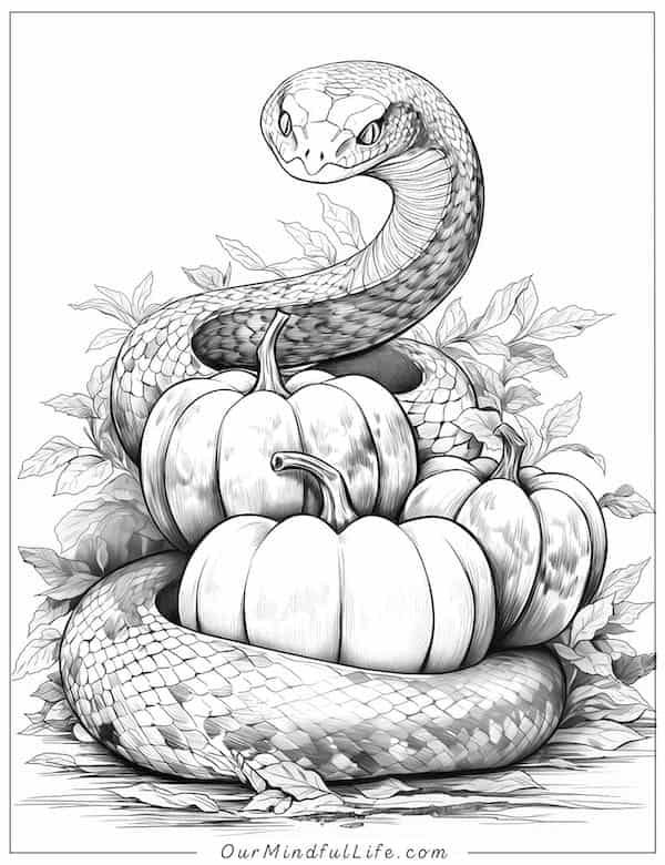 Snake coiling around pumpkins coloring page