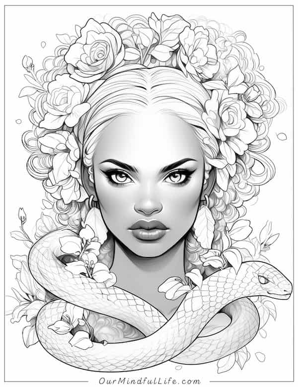 Snake goddess coloring page