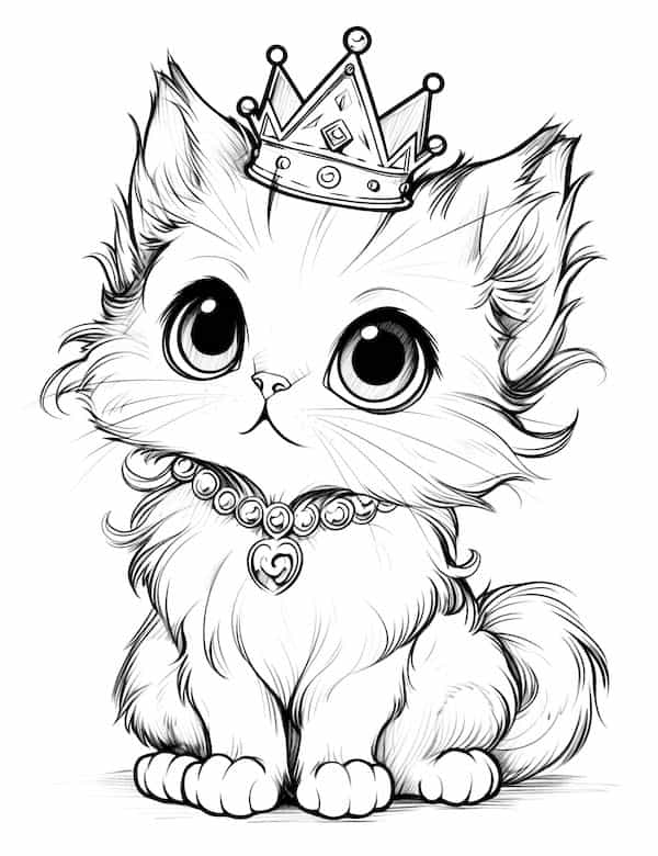 Super cute cat with crown coloring page