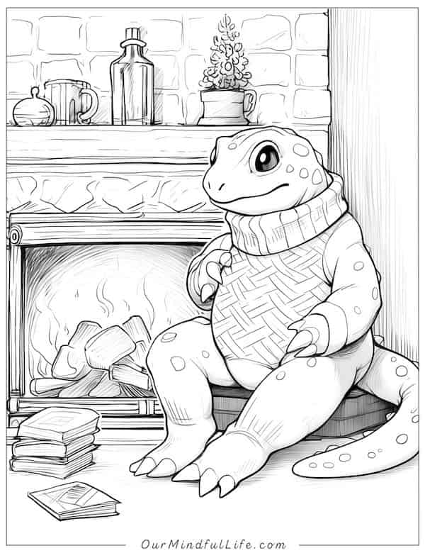 Winter hygge lizard coloring page