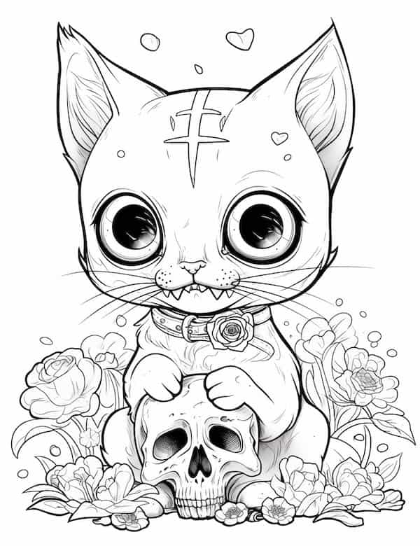 Zombie cat and skull coloring page