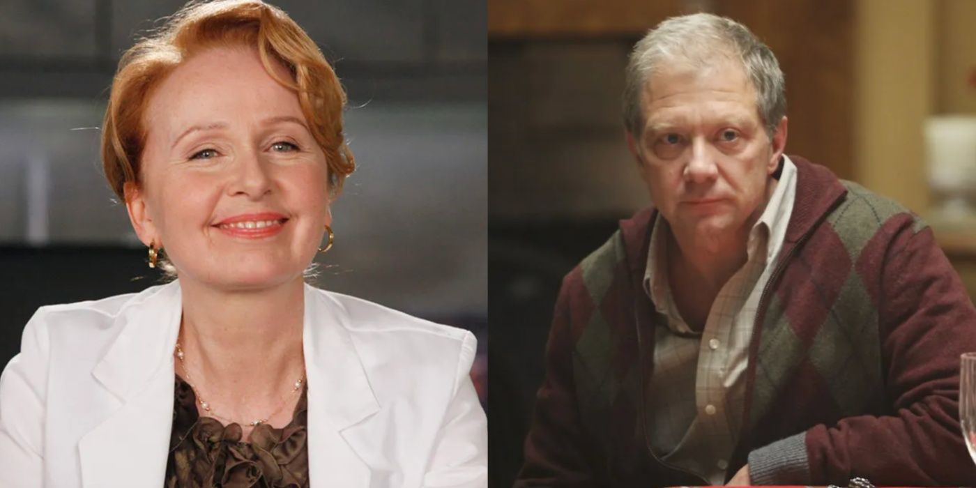 A side by side image features Ellis and Thatcher Grey in Grey's Anatomy