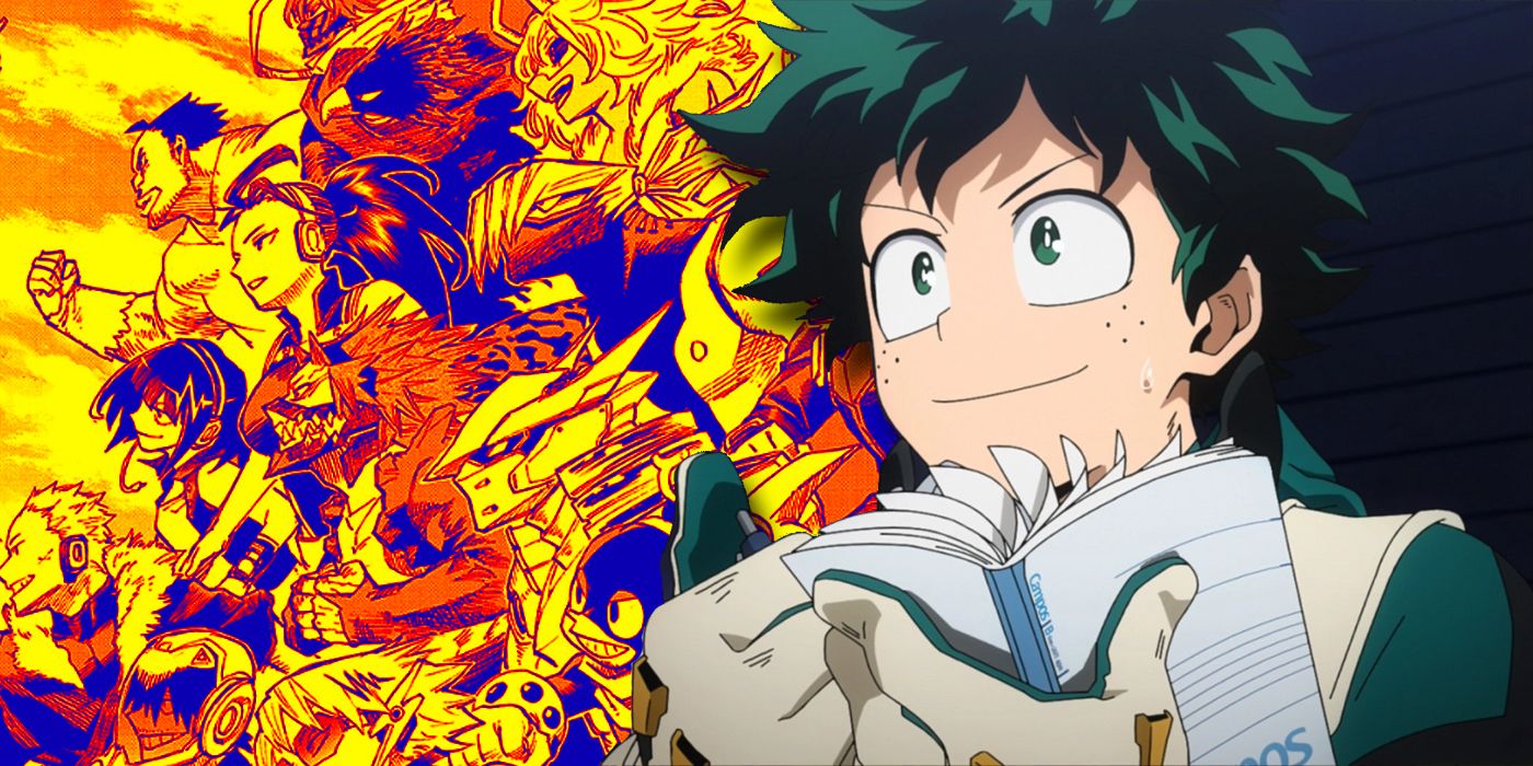 Deku holds his notebook in front of the manga's final panel.