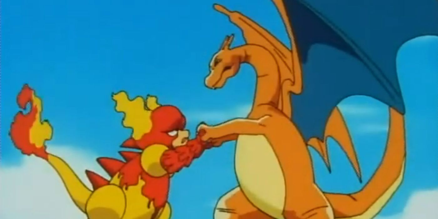 Pokemon: Magmar and Charizard struggle against each other, both with strained expressions.