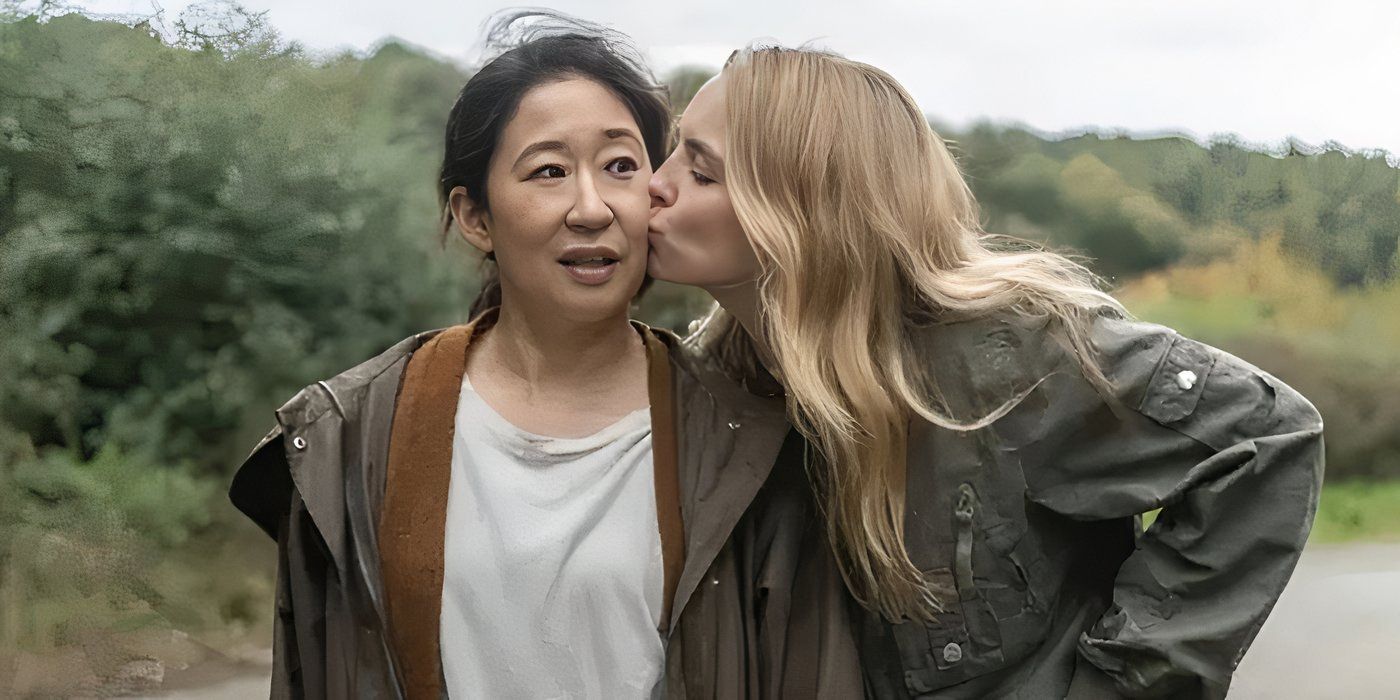 Villanelle (Jodie Comer) kisses Eve's (Sandra Oh) cheek in Killing Eve season 4