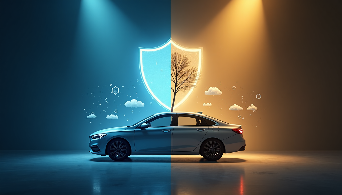 A car illuminated by a spotlight stands in front of a large shield symbol, representing comprehensive car insurance. Clouds and molecular structures float around the car.