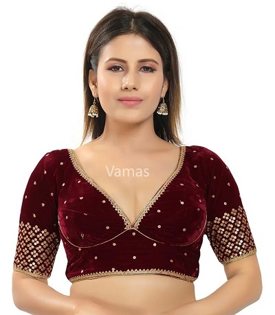 Deep Plunging Neckline Velvet Red Bridal Blouse