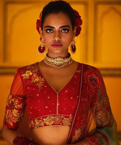 deep V-neck embroidered red bridal blouse