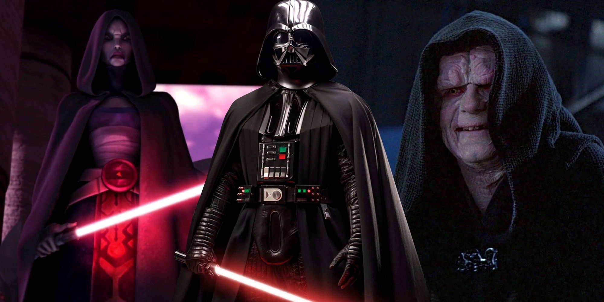 Split image of Asajj Ventress, Darth Vader and Darth Sidious